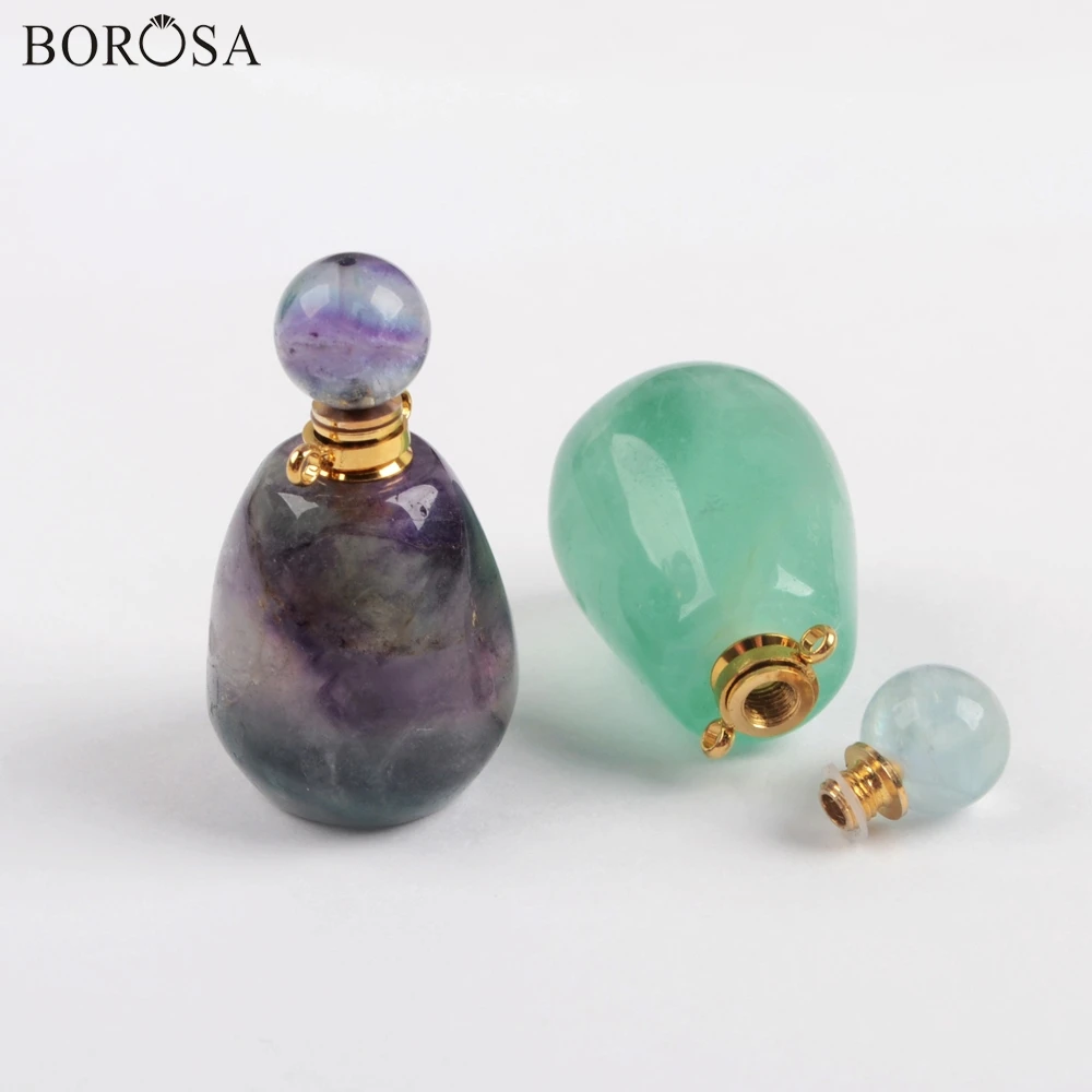 

BOROSA Design 4Pcs Gold Plating Rainbow Green Fluorite Connector Perfume Bottle Essential Oils Bottles Women Jewelry WX1179
