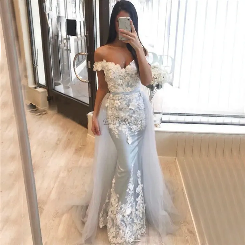 

Dusty Blue Elegant Wedding Reception Dress Off Shoulder 3D White Appliques Detachable Train 2 in 1 Mermaid Evening Dresses Women