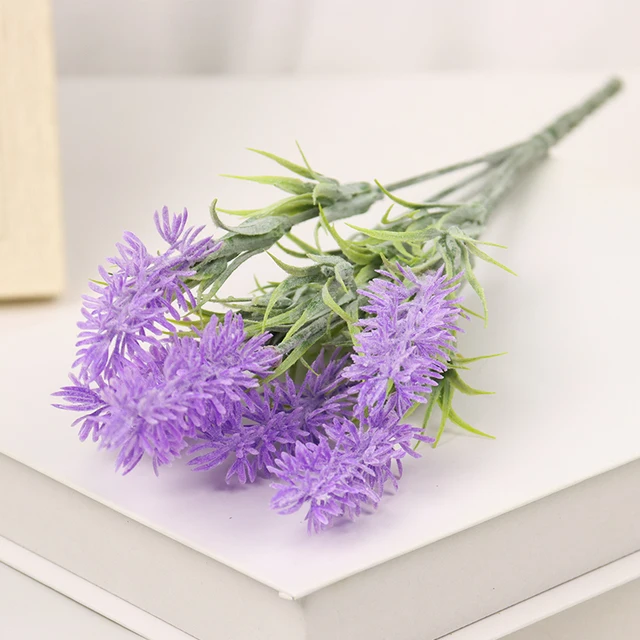 Artificial Flowers Flocked Plastic Lavender Bundle Fake Plants Wedding Bridle Bouquet Indoor Outdoor Home Kitchen Office Table JY96-purple
