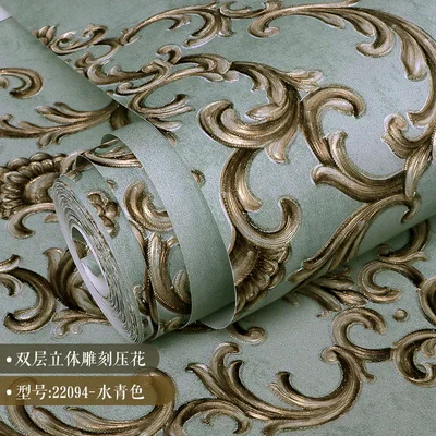 1 High quality 3D stereo pressed European style peacock green wallpaper luxury non-woven Damascus wallpaper bedroom TV background - Цвет: 1