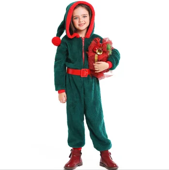 

Kids Girls Christmas Elf Costume Green Velvet Hooded Onesies Jumpsuit Pajamas Christmas Party Fancy Dress For Child Plus Size