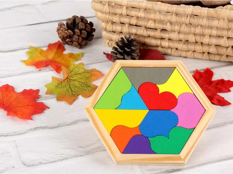 Hot Sales Wood Educational Children Early Education Shape Cognitive Toy Nerve-Racking Eleven Piece Jigsaw Puzzle Heart Shape Jig