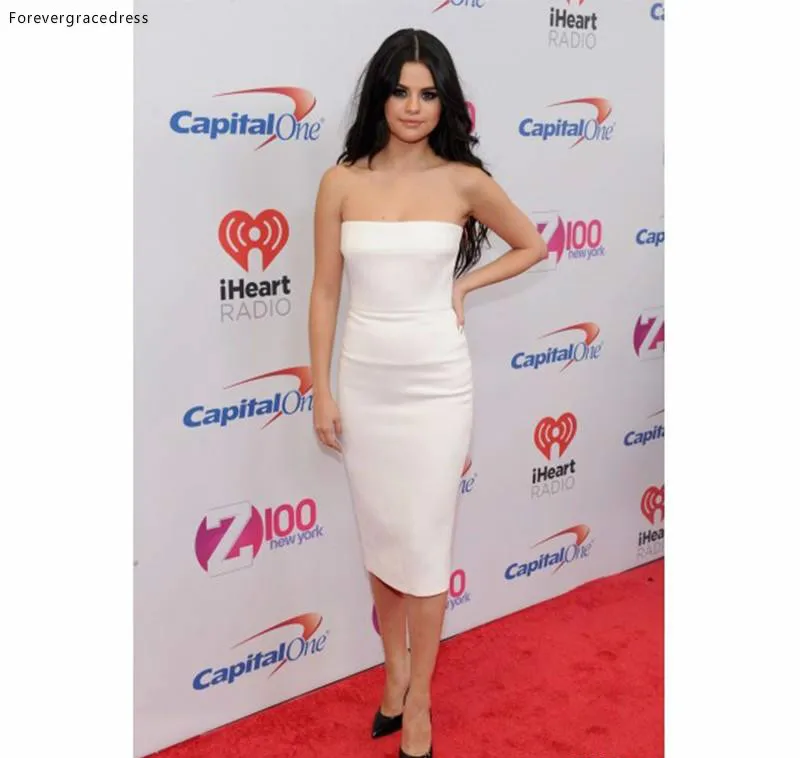 Selena Short Cocktail Dresses 2017 With Back Slit White Satin Strapless Knee Length Cocktail Gowns Party Dresses  106 (3)