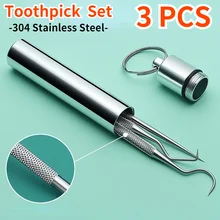 3Pcs New Stainless Steel Toothpick Set Metal Flossing Reusable Toothpick Teeth Cleaning Tools with Storage Bucket Oral Cleaning