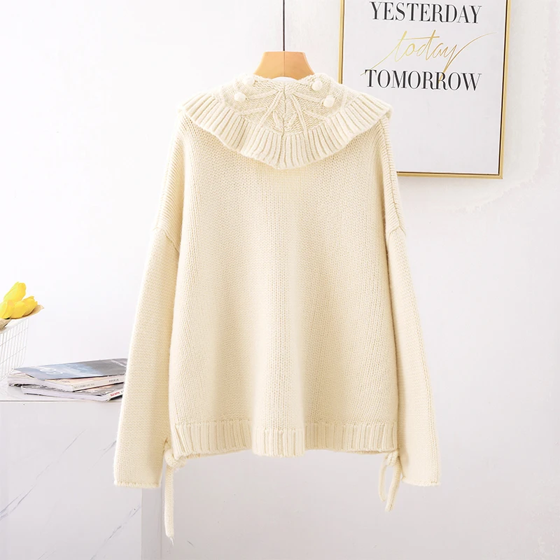 H.SA Women Winter Oversized Sweater Cardigans Big Collar Ruffles Loose Jumpers Green Beige Cardigans Feminino Button Up