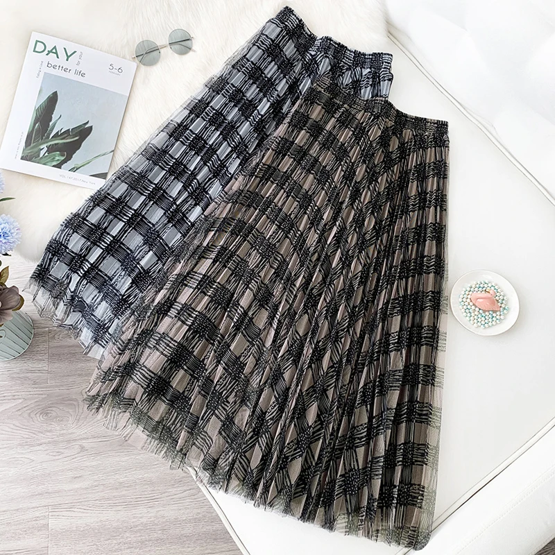 

Wasteheart Women Fashion Black Green Khaki High Waist Ruffles Pleated Ankle Length Long Skirt Mesh Clothing Ball Gown