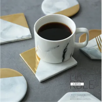 

1pcs Gold Plated Marble Pattern Drink Coaster Ceramic Cup Mat Coffee Tea Pad Table Placemats Table Decoration Accessories