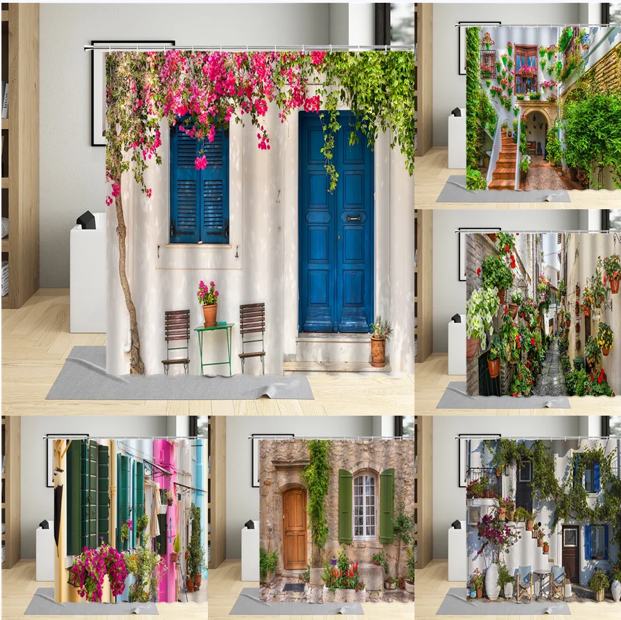 

Retro Street landscape Shower Curtain Garden Flower Plant Greek Town Scenery Bathroom Curtain Set Wall Decoration Bathtub Screen