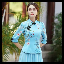 

Cheongsam Women's Stand Collar Short Tops 2022 Spring Cotton Blend Prints Half Sleeve Tradition Chinese Style Qipao Shirts Woman