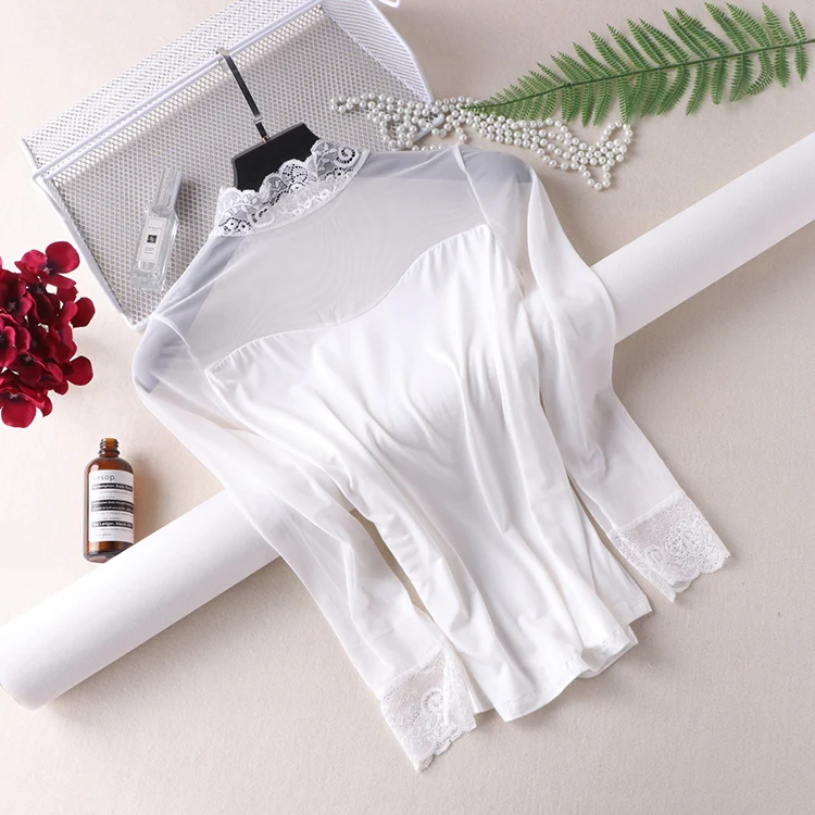 

Plus Size Long Sleeve T Woman Spring Autumn New Large Size Joker Lace Shirt Slim Bodycon Turtleneck Basic Tops Mesh Shirts