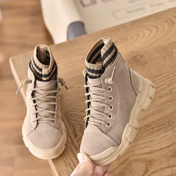 

2020 New Autumn Winter Girls Boots Warm Leather Boots Children High Maritn Boot Girls Fashion Knitting Shoes Kid Casual Sneakers