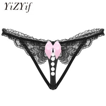 

Womens Panties T-back Open Crotch Pearl G-string Thongs Underwear Sheer Lace Lingerie Low Rise with Elastic Waistband Panties