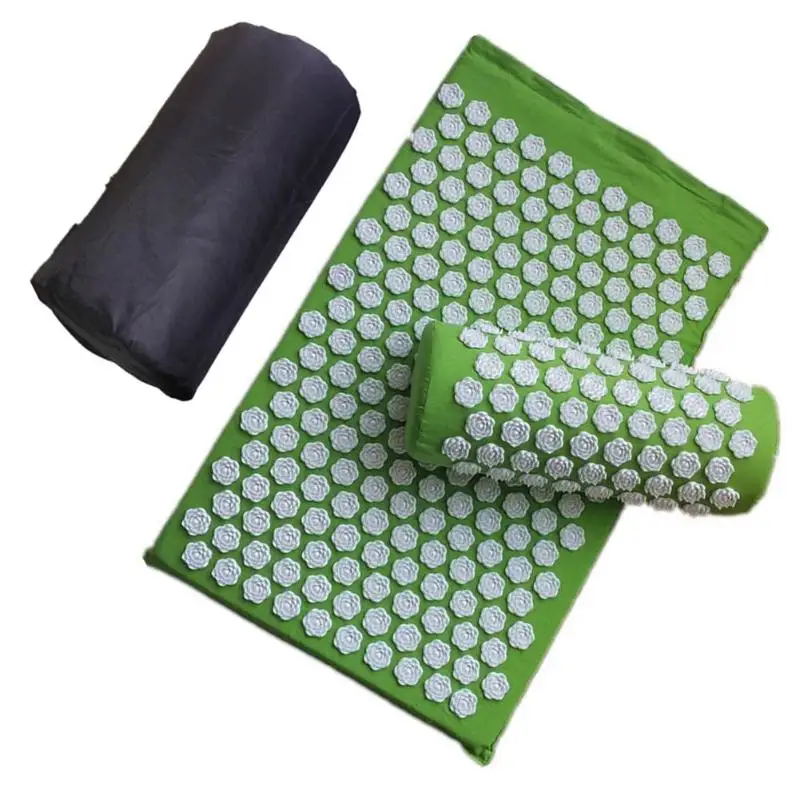 Massager Cushions Lotus Acupressure Mats Pillow Yoga Mats Relieve Back Pain Spike Mat Head Neck Foot Anti-stress Needle Massager - Цвет: green with bag