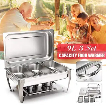 

9L 3 Plates Stainless Steel Square Buffet Set Stove Furnace Cover Thermal Insulation Dinners BBQ Heating Stove for Party