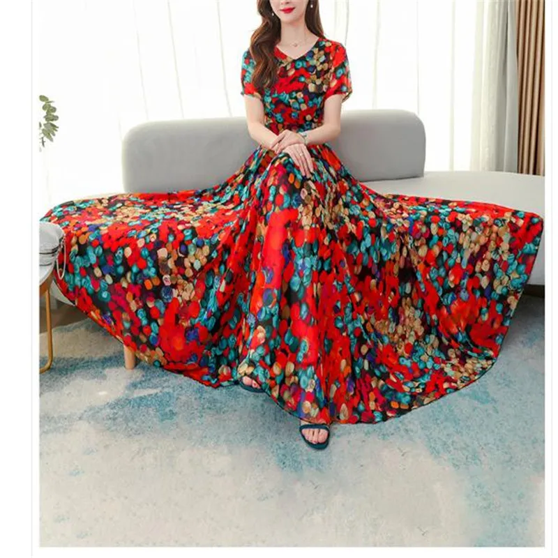 

3XL размера плюс летнее платье с коротким рукавом и v-образным вырезом с принтом женское 2020 Новое темпераментное шифоновое пляжное платье средней длины