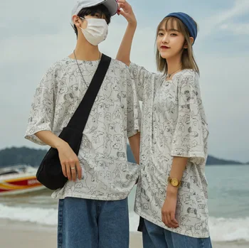 

2020 Summer New Youth Popular Simple Print Round Neck Five-point Sleeve T-shirt Fashion Casual Loose Pullover White / Pink