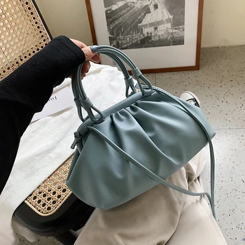 

Pleated handbag 2020 Fashion Woman Shoulder Bag PU Leather Youth Ladies Wild Simple Female Daily Messenger Bag Tiffany Blue