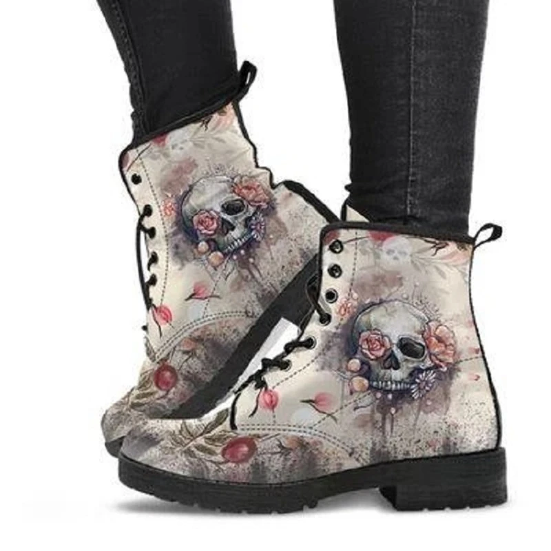 de trabajo con estampado Digital para mujer, Botines altos con patrón de Calavera, de PU británico, a la moda, otoño, 2021|Botas hasta la rodilla| - AliExpress
