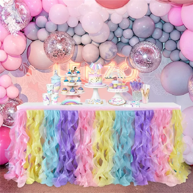 Overstep Romantic Tulle Party Table Dress Decoration Wedding with Tulle Tablecloth Mesh Fluffy Table Skirt Birthday Party Home Decoration 