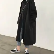 Kobiety wykop solidne czarne z połyskiem rozmiar przycisk Retro pojedyncze piersi luźne długie płaszcze Streetwear 2021 Student
