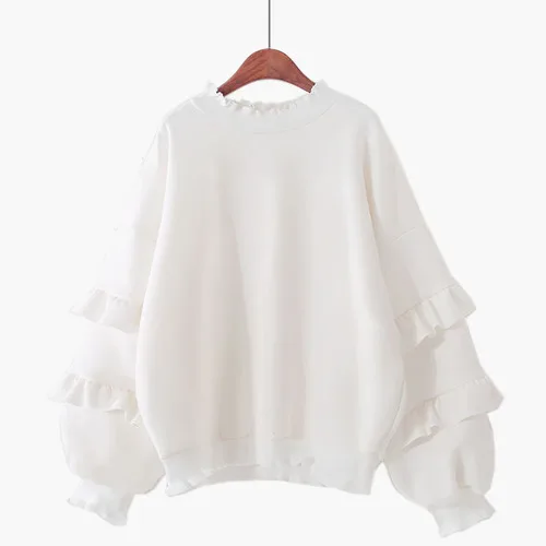 white ruffle Neploe осень зима вышивка цветочный свитер свободный длинный рукав гофрированный воротник толстовки корейские замшевые пуловеры Топ 56713 - Цвет: white ruffle