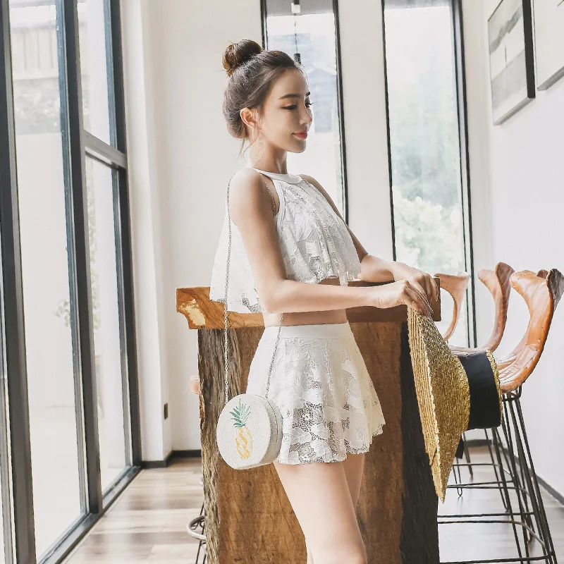 

Rui Anfen 2019 New Style Korean-style Black And White Openwork Lace Sexy Split Type Swimdress
