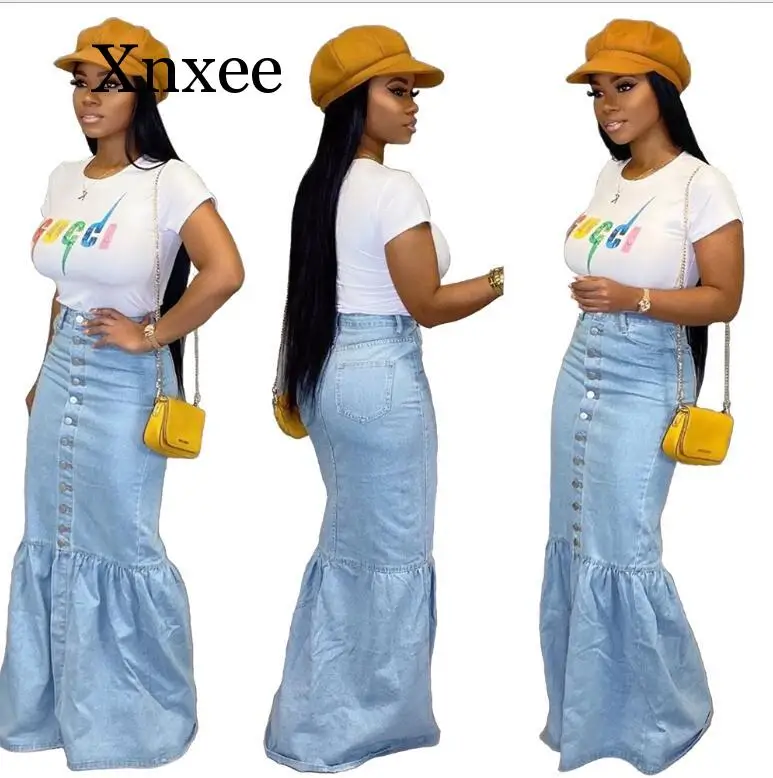 Blue Casual High Waist Long Denim Skirt Women Elegant Front Button Maxi Jean Skirt Fashion Ladies Light Blue Ruched Skirt plus