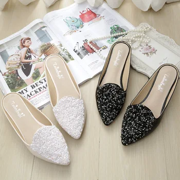 

2019 Baotou Sequined Fashion Sandals PU Leather Rhinestone Sweet Flat Sandals-Style Soft Soles Peas Slippers