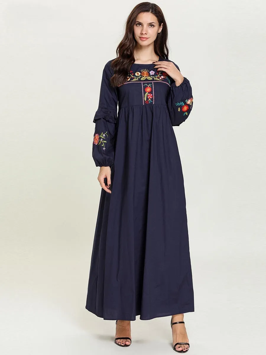 Длинное мусульманское платье для женщин abaya Femme Дубай турецкий Турция Бангладеш кафтан арабский вышивка синего размера плюс мусульманская одежда