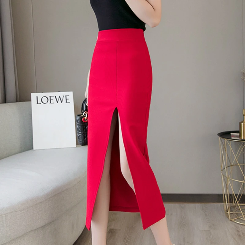 Faldas mujer moda, сексуальная тонкая женская юбка, высокая талия, офисная, для девушек, красная, черная, юбка-карандаш, 3XL, 4XL, 5XL размера плюс, юбка C101