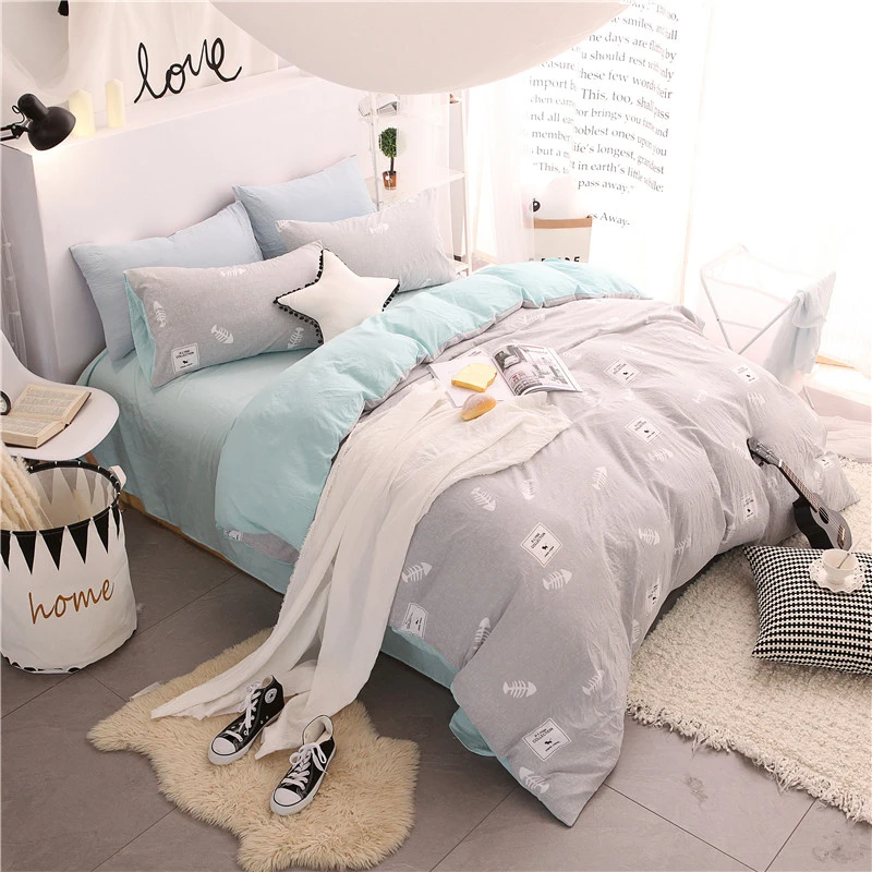 

ANNAs Good Stuff 2019 New Stylish Bedding Set Small Fish Bones Printed QuiltCover Washed Cotton Bedding Article Girls Boys Gift