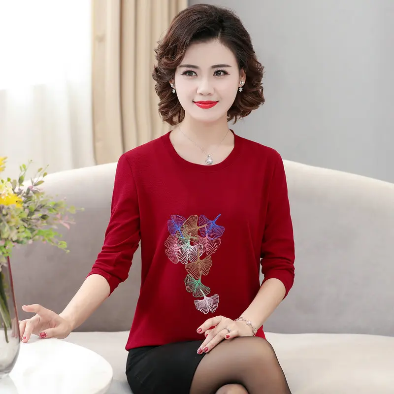 

Autumn Floral Blouse Women Wine Red Green Caramal Colour Cotton Tops Middle Aged Woman Long Sleeve O-neck Blouses Plus Size 2020