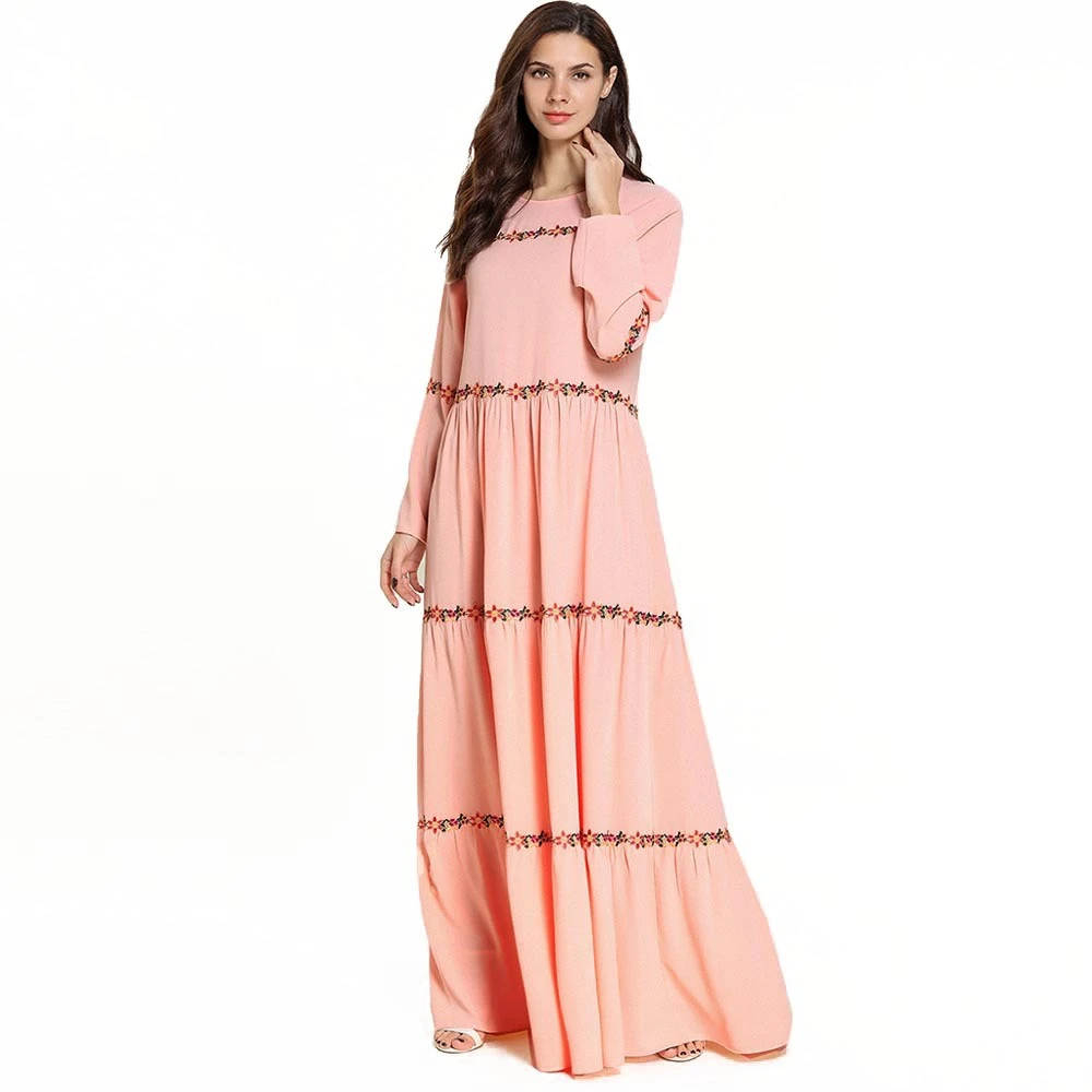 

Lugentolo Women Maxi Dress Large Size 4XL Solid Color Pink Print Pleated Fashion Loose Muslim Long Sleeve Roud Neck Casual Dress
