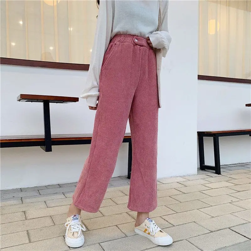 Женские брюки, теплые, Ulzzang, вельветовые, длинные, для отдыха, прямые, корейский стиль, брюки для женщин, s, с высокой талией, зимние, для женщин,, уличная одежда