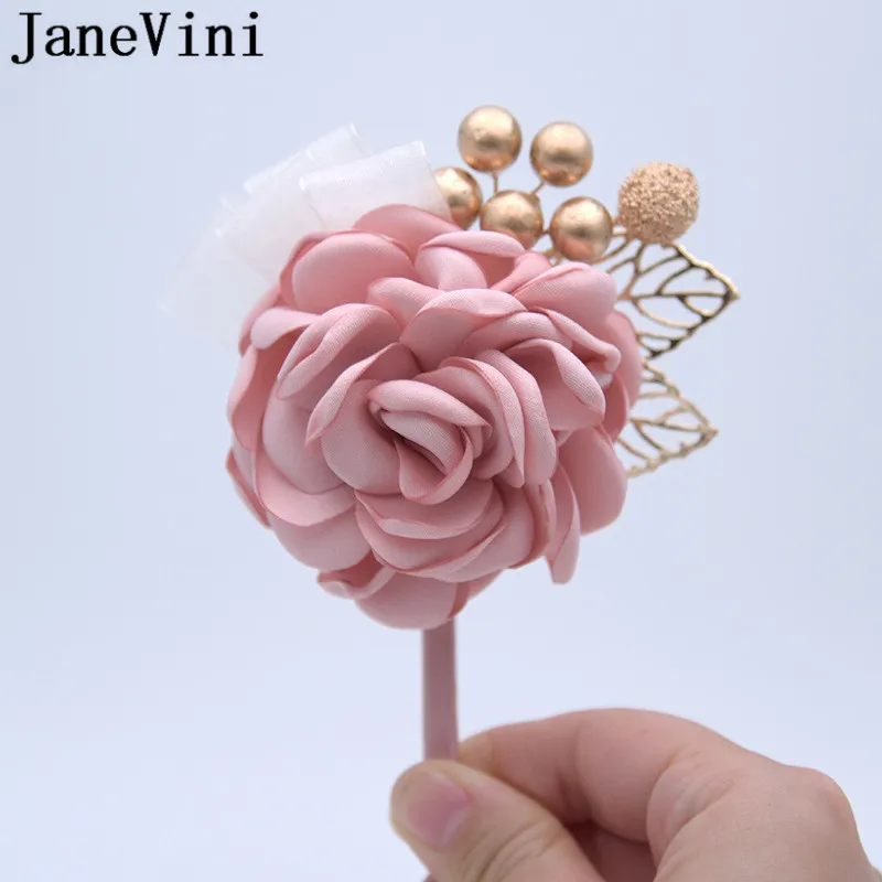 JaneVini Pink Burgundy Boutonniere Mariage Bridal Groom Boutonnieres Corsages Artificial Flowers Wedding Brooches Accessories