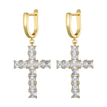 

US7 Micro Paved Cross Dangle Earring Full Bling Iced Out Cubic Zircon Gold Silver Color Drop Earrings Men Womem Hip Hop Jewelry