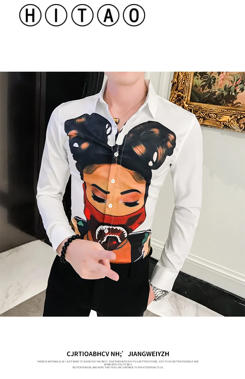 Новые Мультяшные принты мужские рубашки с длинным рукавом Camisa Masculina повседневные облегающие рубашки мужские платья уличная светская рубашка