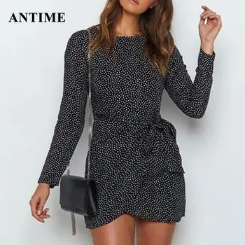 

Antime Women Mini Wrap Dress Transparent Chiffon Casual Party High Waist Black Long Sleeve Tied Spring Autumn Polka Dot Dress