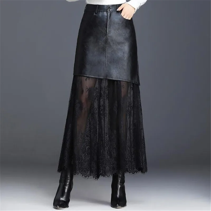 brown skirt High-quality Pu + Lace Stitching Black Skirt Women Skirt 2022 New Autumn Winter High Waist Was Thin Package Hip Leather Skirt satin skirt