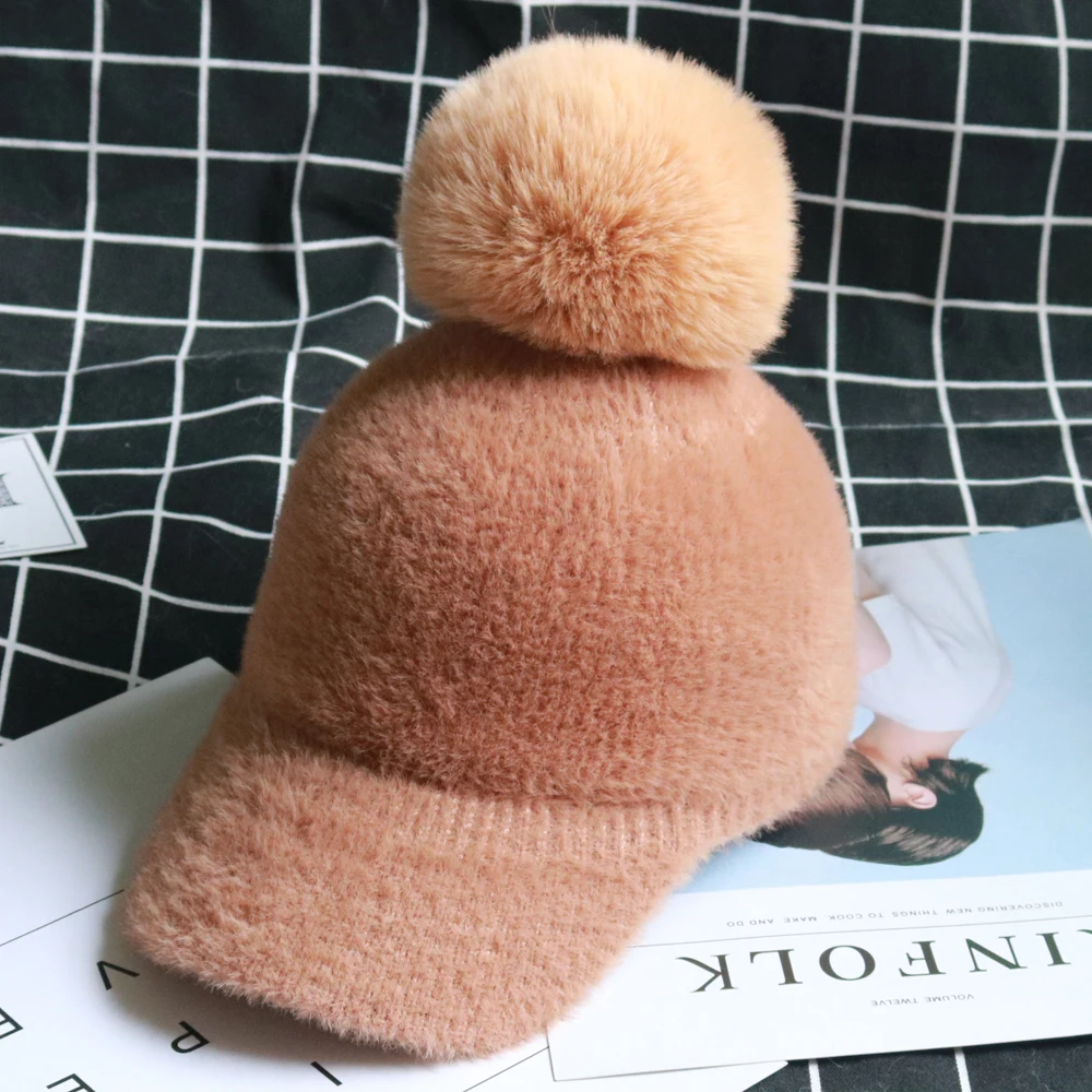 Осень-зима женские винтажные норковые меховые бейсболки Gorro; теплый лыжный бейсболка для девочки с имитацией лисьего меха помпоном Новинка