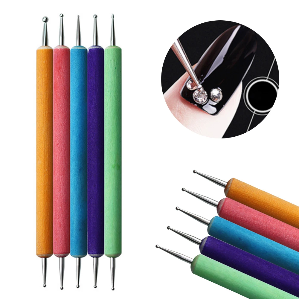 5PC set 2 Ways Brush Nail Painting Pen Art Dotting Acrylic Handle Rhinestone Wood Salon Decoration Manicure Tools Kit | Красота и