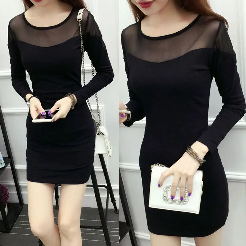 

2018 New Style Summer Lace Sheath Dress Women's Mid-length Gauze Long Sleeve Base Skirt