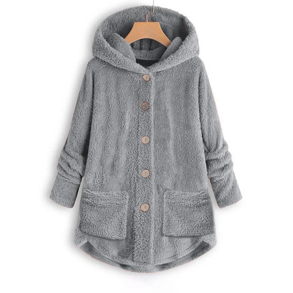 Модные плюшевые топы на пуговицах, хлопковая зимняя куртка, однотонный Свободный кардиган, шерстяное пальто, зимняя короткая куртка большого размера, пальто - Цвет: Gray