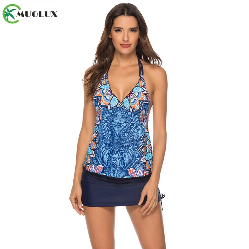 

2020 Swimsuit Vintage Print Plus size Swimwear Women Two Piece Swimsuit Skirt Tankini Shorts Bathing suit Dress Female XXXXXL