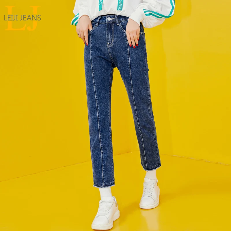 LEIJIJEANS new arrival Dark blue mid-rise straight ladies jeans fashion casual nine points plus size jeans 9093 - Color: 9093