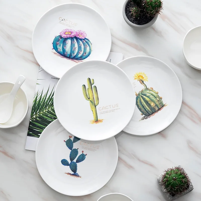 

4 Pcs 8 Inch Round Cactus Fresh Home Porcelain Dinnerware Plant Dishes Steak Western Breakfast Nordic Plates Cutlery Sets