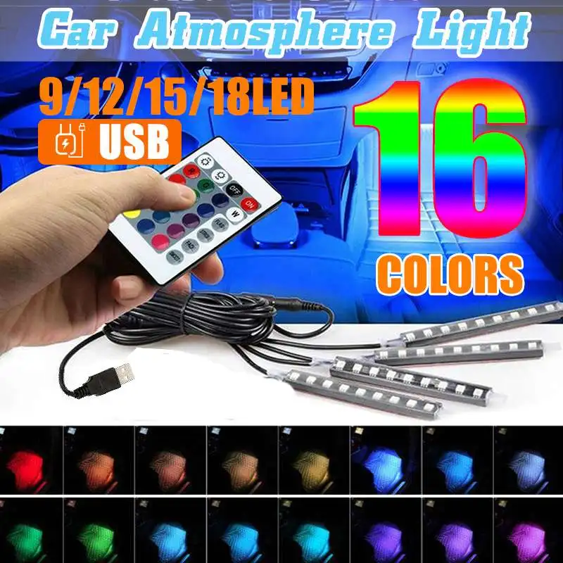 4 шт. USB автомобиля RGB Светодиодные полосы света 16 цветов DJ музыка декоративный дизайн автомобиля Atmospheres лампы салона автомобиля свет с пультом 12 В