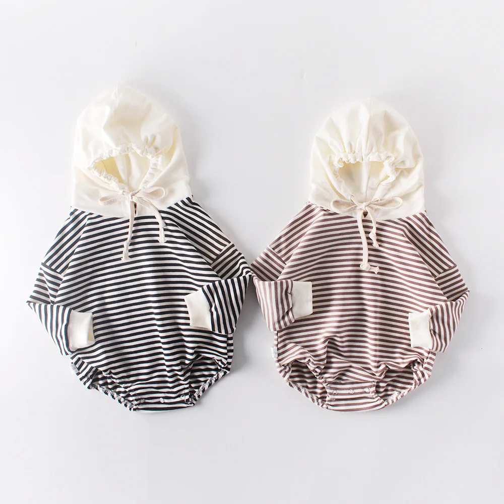 

2019 Ins Hot Kids Striped Hooded Child Clothes Spring Autumn Black Brown Color Infant New Fashion Rompers