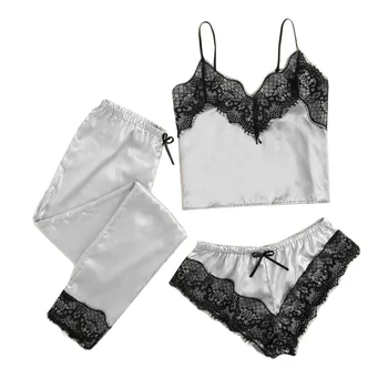 

3PCS women pajama set Satin Silk Camisole Wireless Bra Shorts Trousers Sets Sleepwear Pajamas Lingerie pijama takımı kadın
