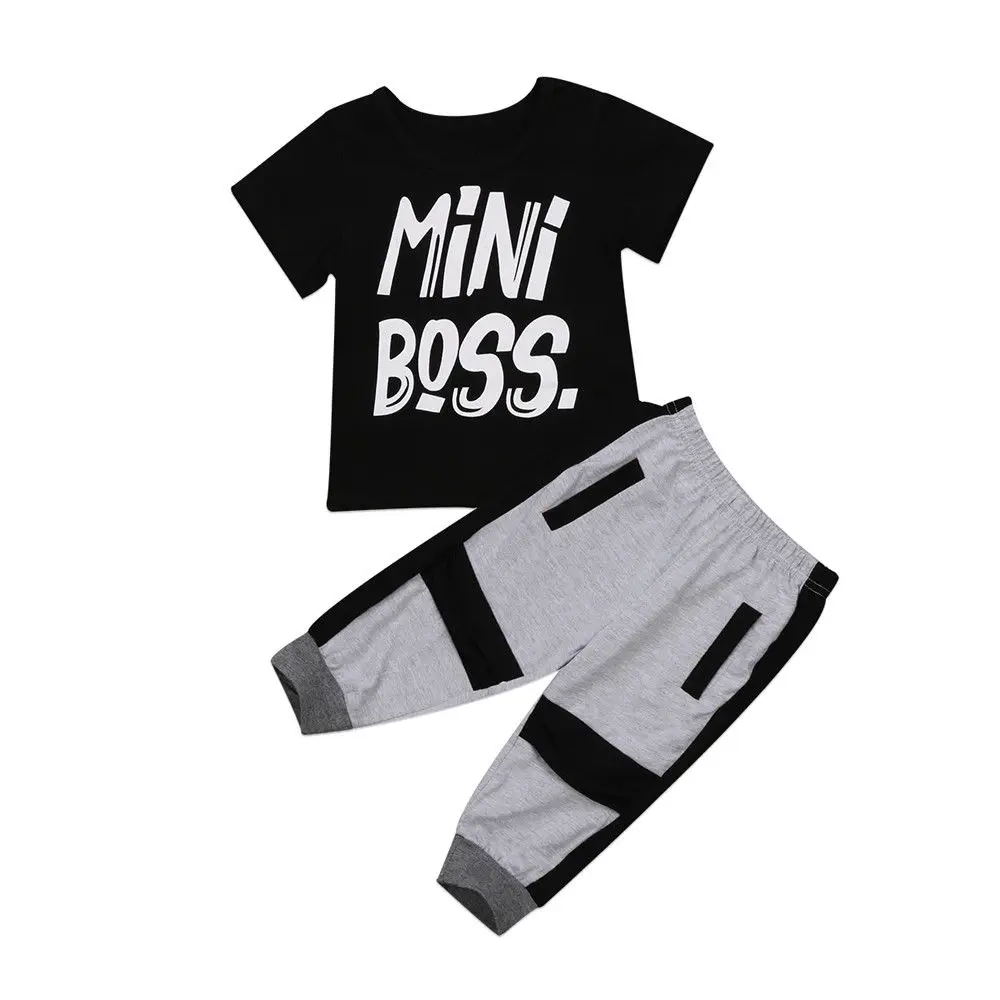 Горячая Распродажа, милая Одежда для мальчиков, 2 предмета, футболка для маленьких мальчиков, топы, штаны, комплект одежды, повседневная одежда с надписью «mini boss», 1-6 лет - Цвет: Черный